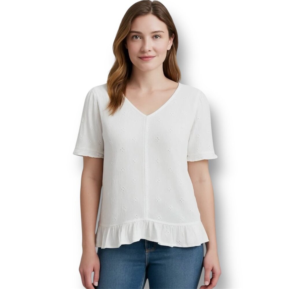 Sonoma S White Eyelet Crepe Blouse Embroidered Ruffle Hem V Neck Cottagecore
